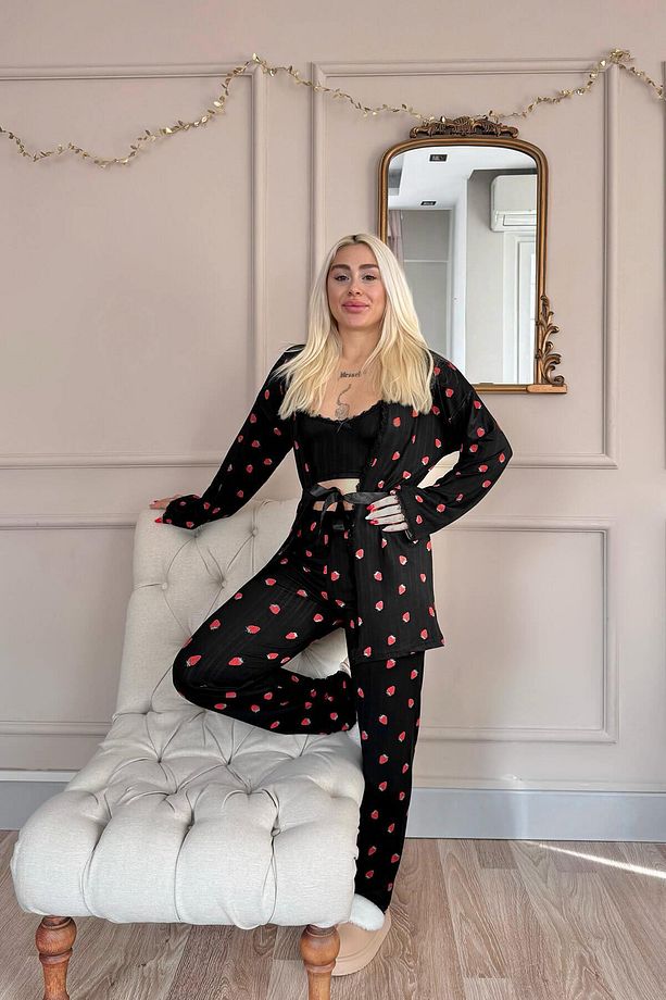 Siyah Noir Fraise Desenli Sabahlıklı Marlenka Pijama Takımı - 6