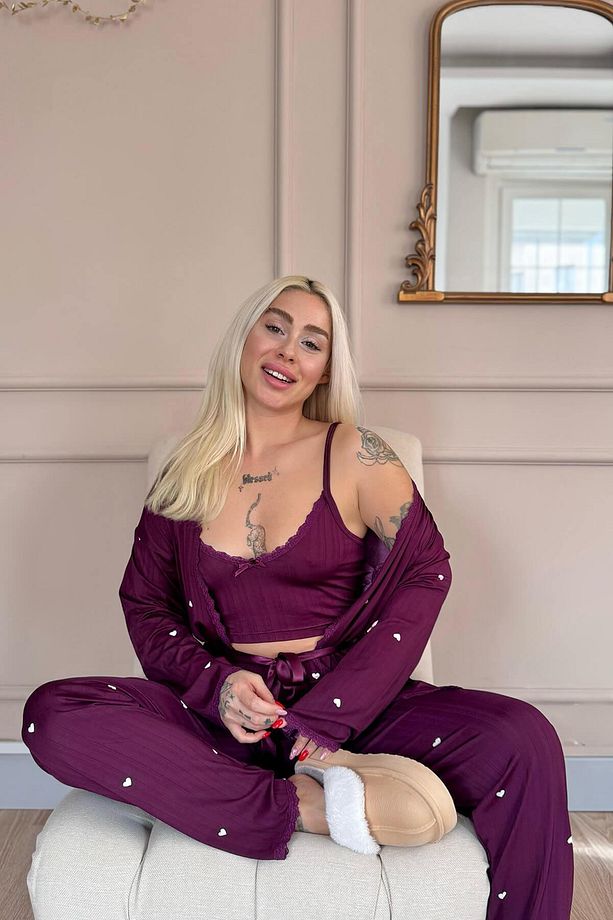 Mürdüm Amour Desenli Sabahlıklı Marlenka Pijama Takımı - 4