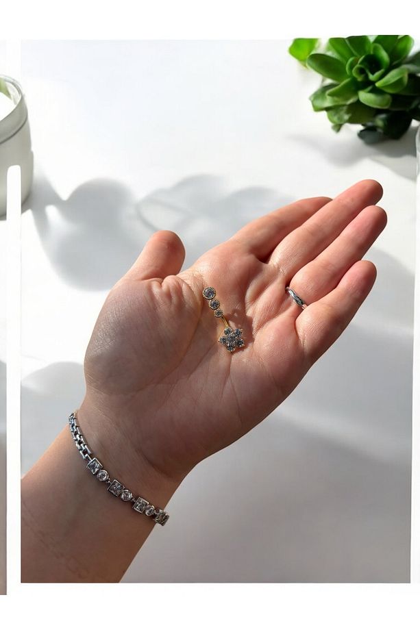 Çelik Taşlı Çiçek Göbek Piercing - 5
