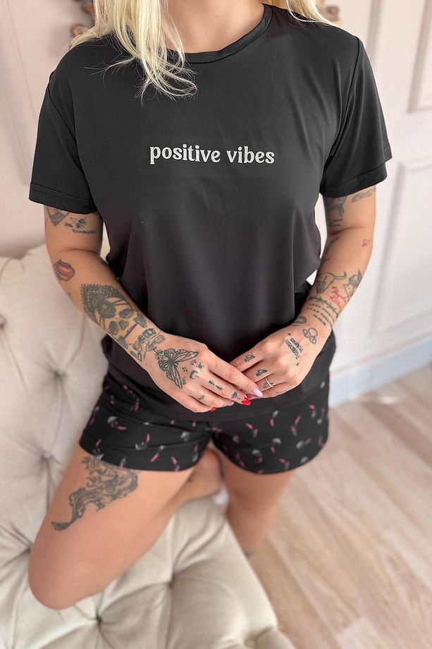 Siyah Positive Vibes Desenli Kısa Kollu Şortlu Örme Kadın Pijama Takımı - 6
