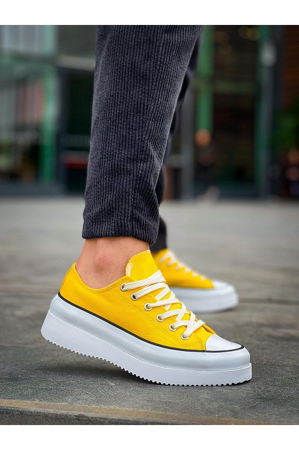 J-CX-3 Bağcıklı Ortopedik Rahat Taban Kısa Erkek Sneaker Spor Ayakkabı BT Sarı - 3