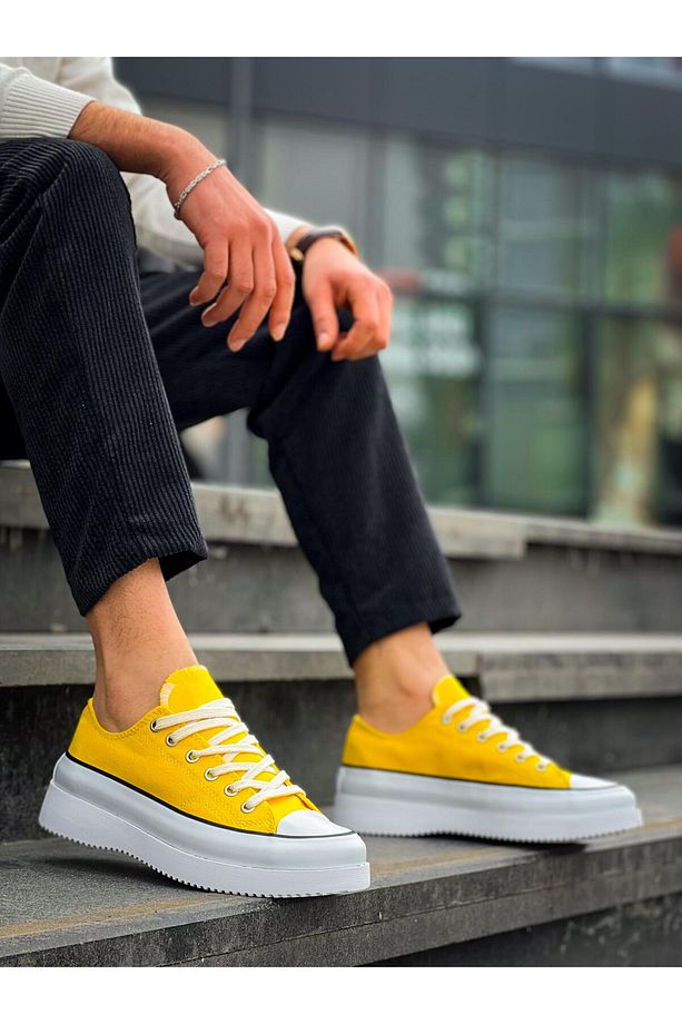J-CX-3 Bağcıklı Ortopedik Rahat Taban Kısa Erkek Sneaker Spor Ayakkabı BT Sarı - 1