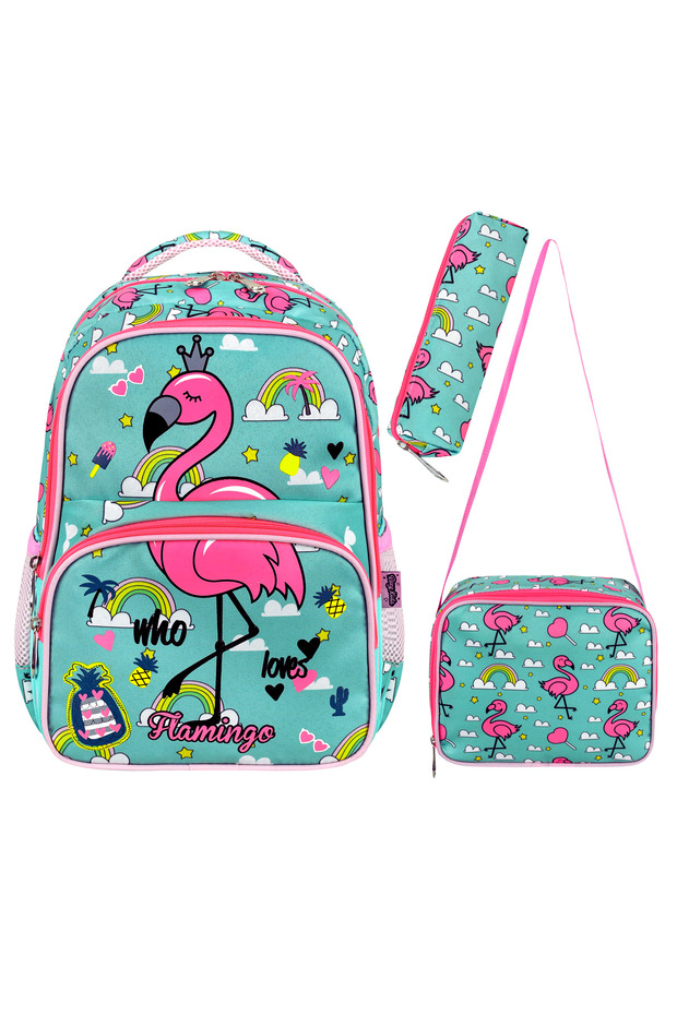 Licensed flamingo patterned elementary school bag, thermal lunch box and pencil case set