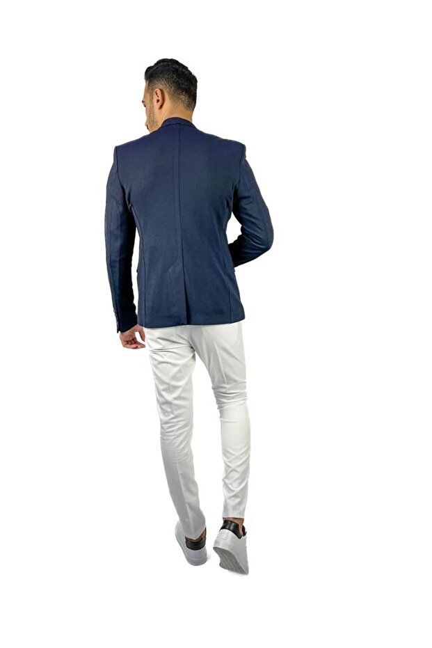 Agustini - Navy BlueMonoCollar Blazer, Half Lining Single Jacket - 5