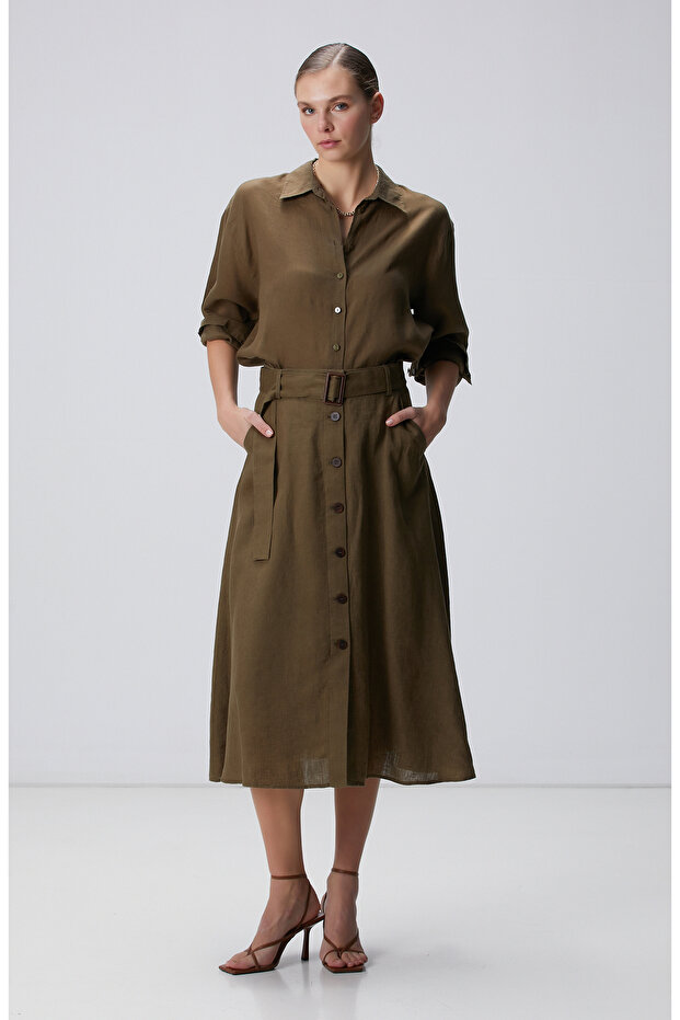 Haki Midi Keten Etek - 1