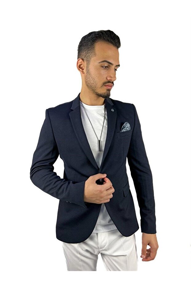Agustini - Navy BlueMonoCollar Blazer, Half Lining Single Jacket - 1