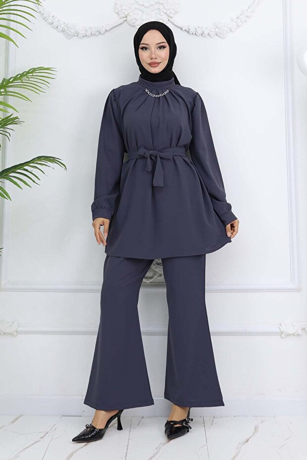 Chain Detailed Hijab Suit Anthracite 4767