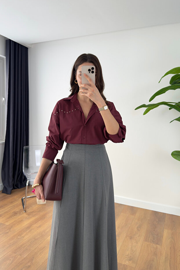Melesa Burgundy Bead Detailed Shirt