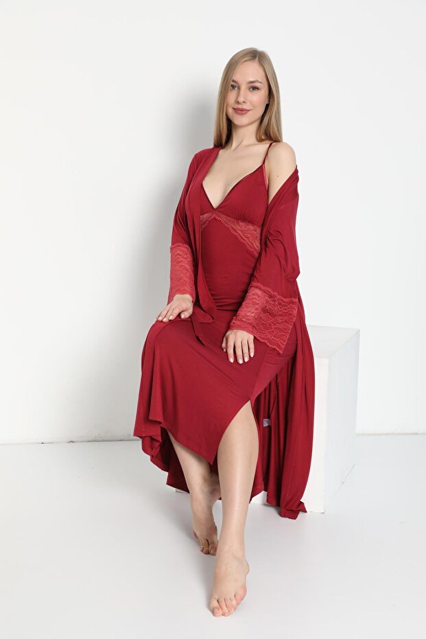 Women's Burgundy Thin Strap Nightgown & Dressing Gown Set C5T4N4O-048