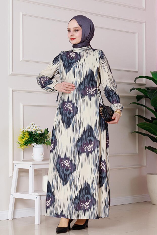 Sofia Patterned Side Tie Dress-Grey - 3