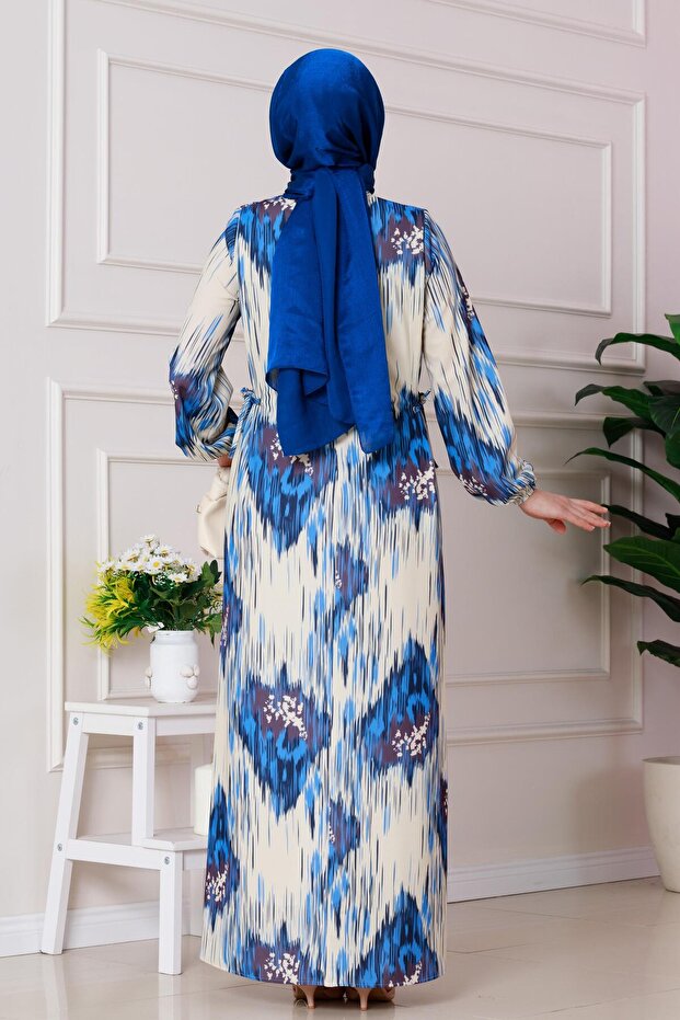 فستان صوفيا منقوش برباط جانبي - أزرق - 5