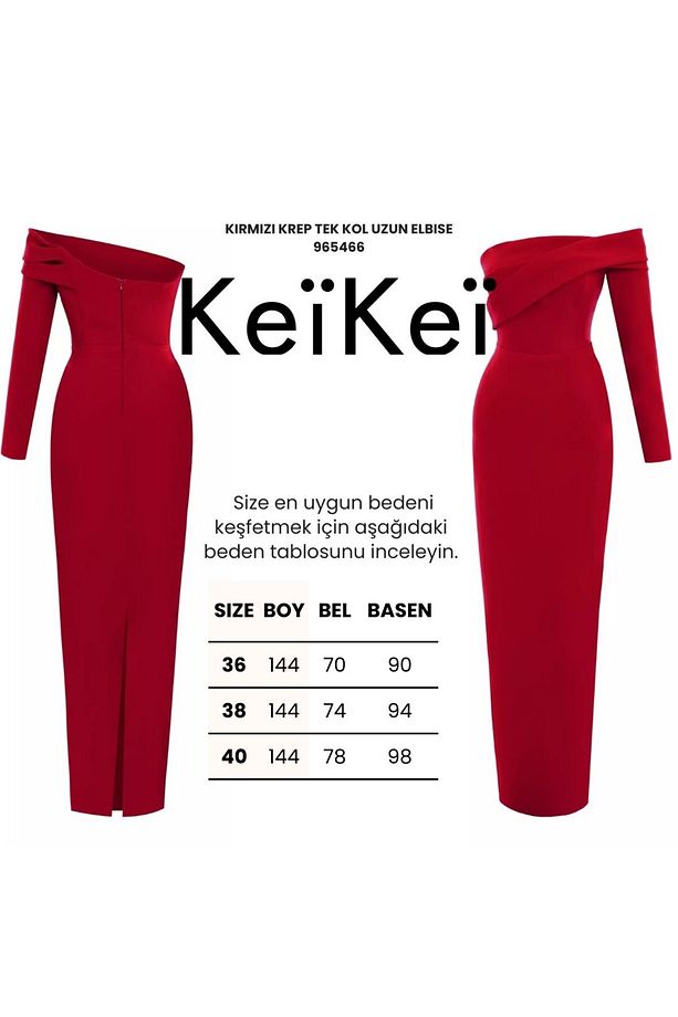 Kırmızı krep tek kol uzun elbise - 3
