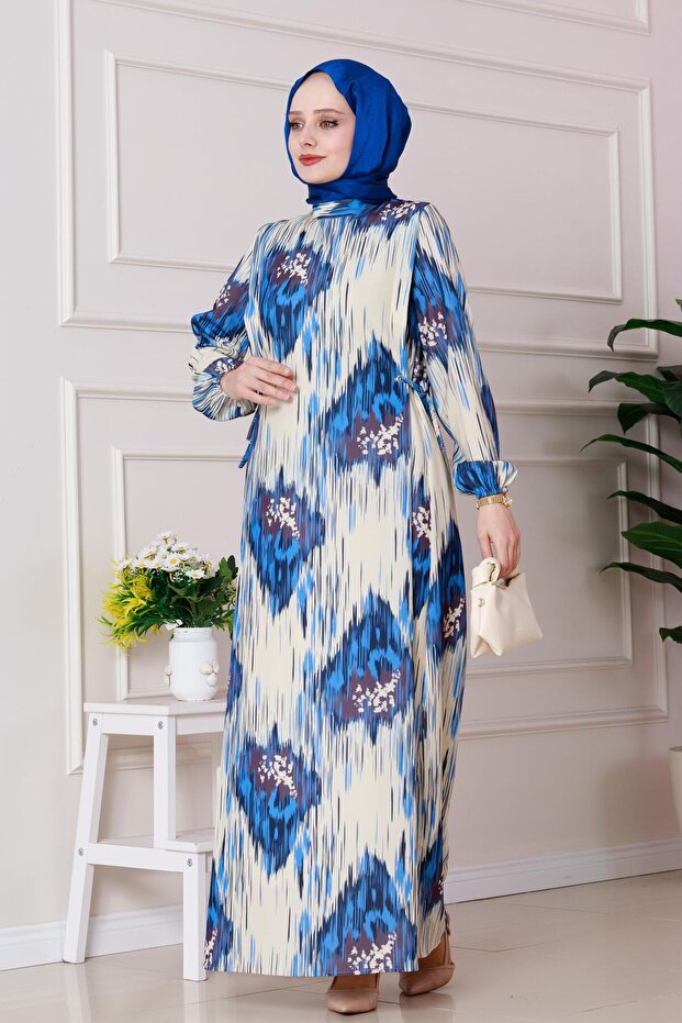 فستان صوفيا منقوش برباط جانبي - أزرق - 2