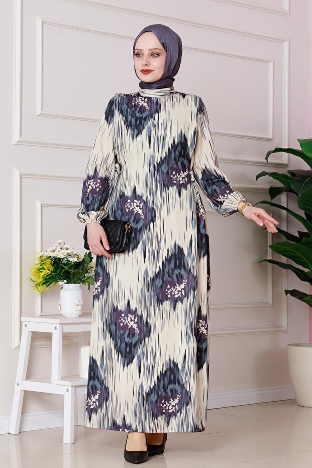 Sofia Patterned Side Tie Dress-Grey - 1