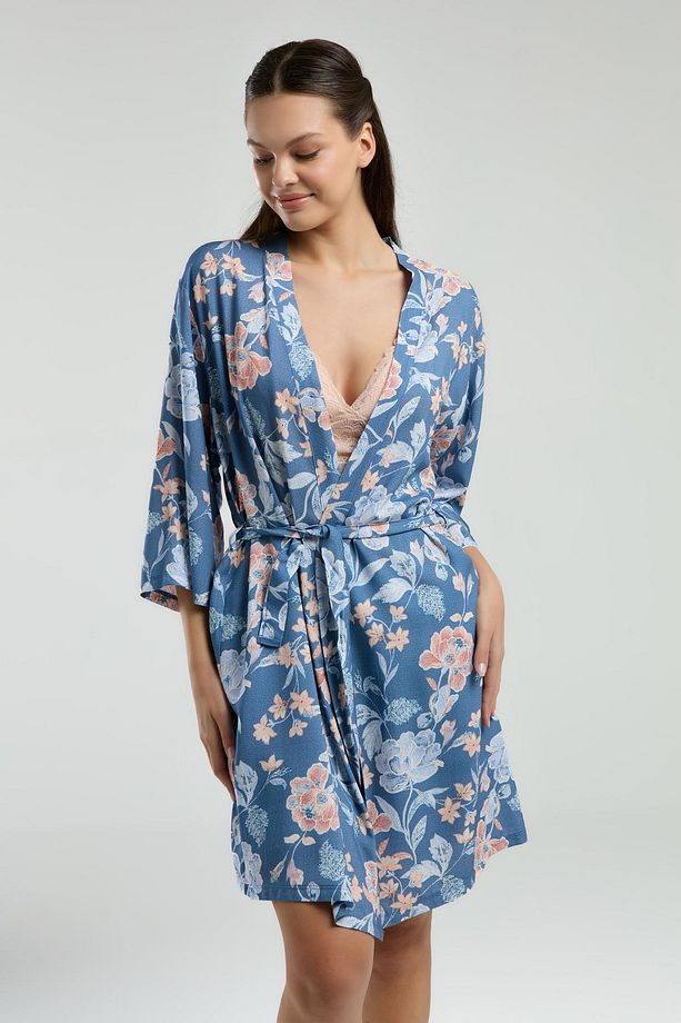 Kadın Sabahlık Bralet Sütyen ve Şort Set, %100 Viskon Kumaş 3'lü Takım - 3
