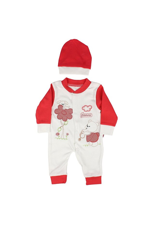 Baby Girl White Fuchsia Daisy Bear Embroidered Beret Jumpsuit