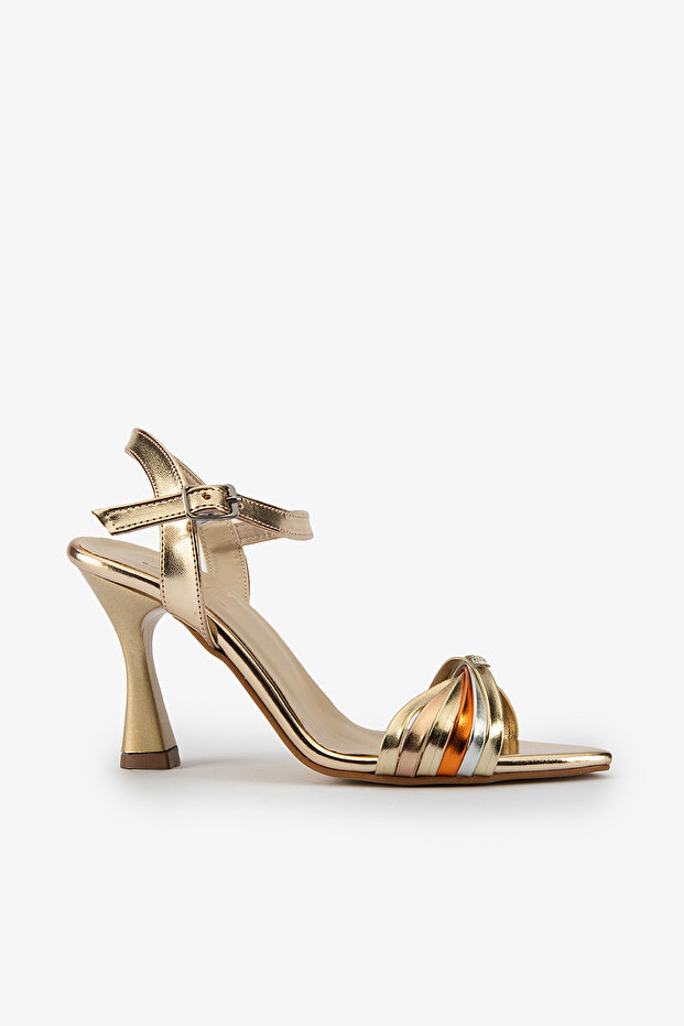 Nude Metallic Ankle Strap Stoned Pointed Toe Women's Heeled Shoes