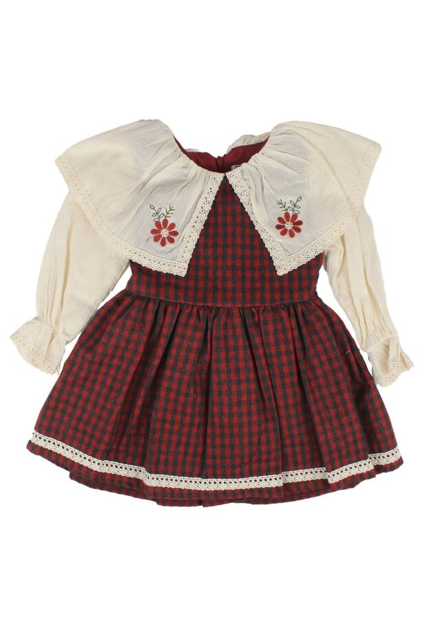 Girl's Ecru Red Plaid Patterned Collared Scalloped Flower Embroidered Dress