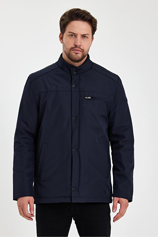 Navy Blue Classic Wind and Water Resistant Coat with Thick Fur Inside