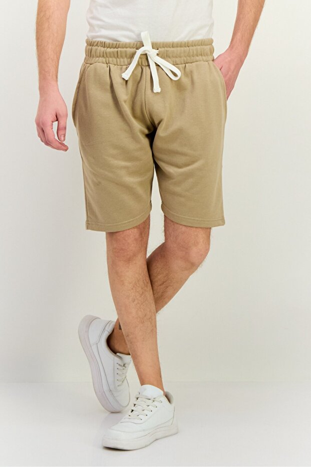 Men Regular Fit Drawstring Solid Shorts, Tan - 1