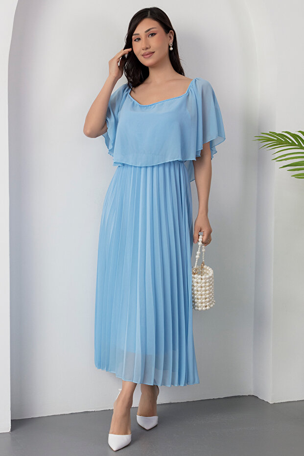 Madonna Yaka Eteği Pliseli Şifon Elbise 2025-4102 - 4