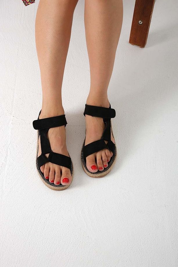 Kadın Siyah Masiv Hasır Şeritli Süet Sandalet 3cm BYNDMAS01 - 3