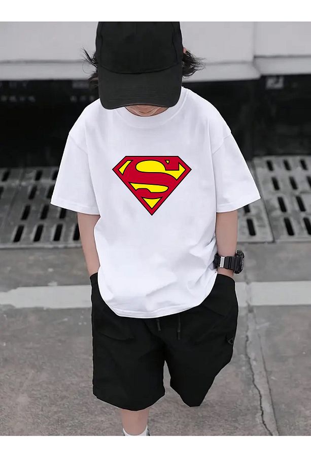 Kaliteli Pamuk Penye Unisex Erkek Kız  Çocuk Baskılı Tshirt 5 6 7 8 9 10 11 12 13 14 yaş Superman - 1