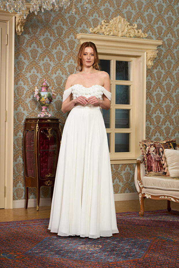 Lenta Wedding White Pearl Detailed Chiffon Maxi Boy Helen Wedding Dress