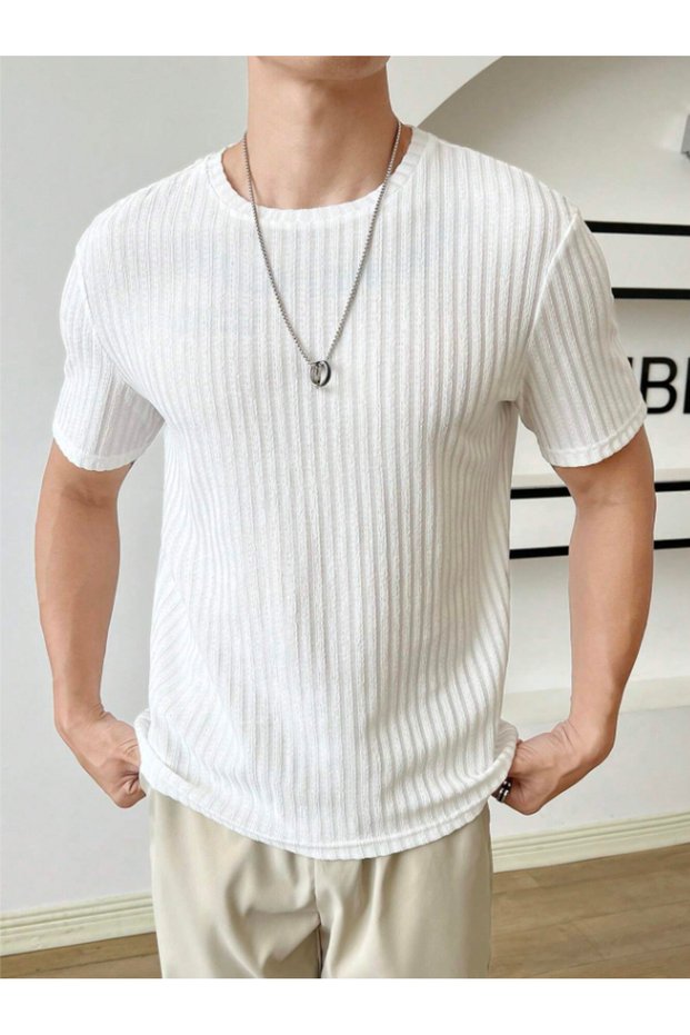 Men's White Ribbed Crew Neck Knitwear T-Shirt