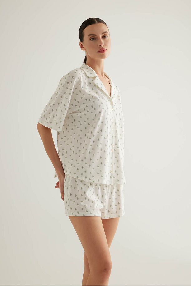 Kadın Pamuklu Kısa Kollu Gömlek Pijama Üstü - 3