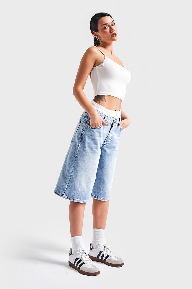 Kadın Snow Kot Rengi V-4S5-3 Dantelli Boxer Detaylı Maxi Boy Baggy Tasarım Denim Şort - 5