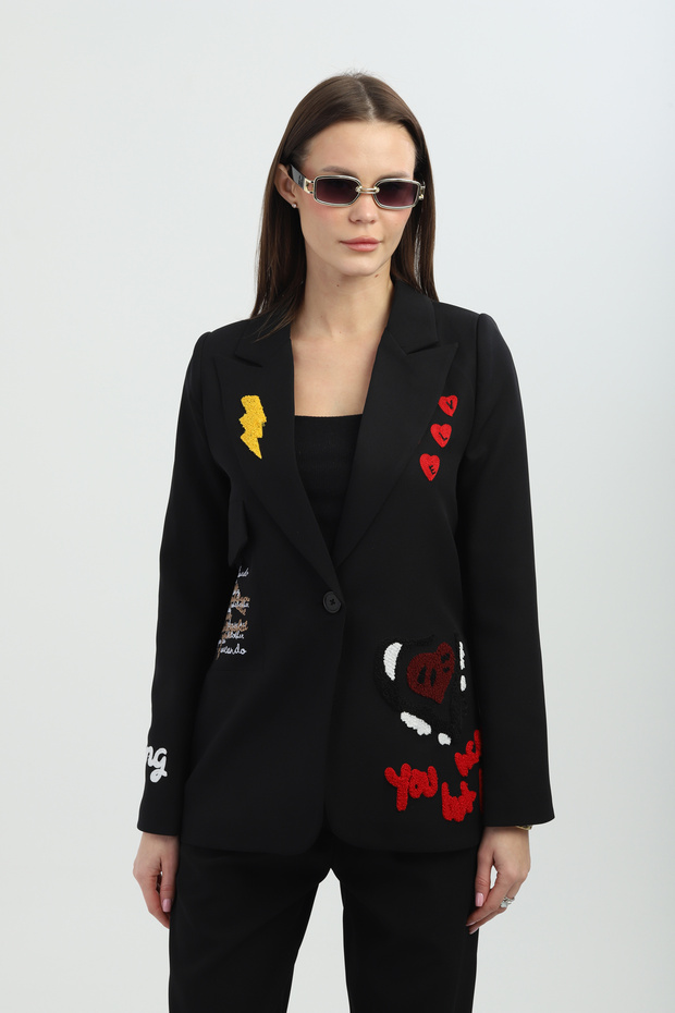 Embroidered Black Blazer Jacket - 1