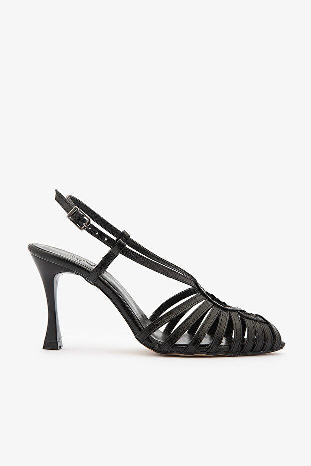 Black Ankle Strap Shiny Lattice Women's Evening Dress Shoes