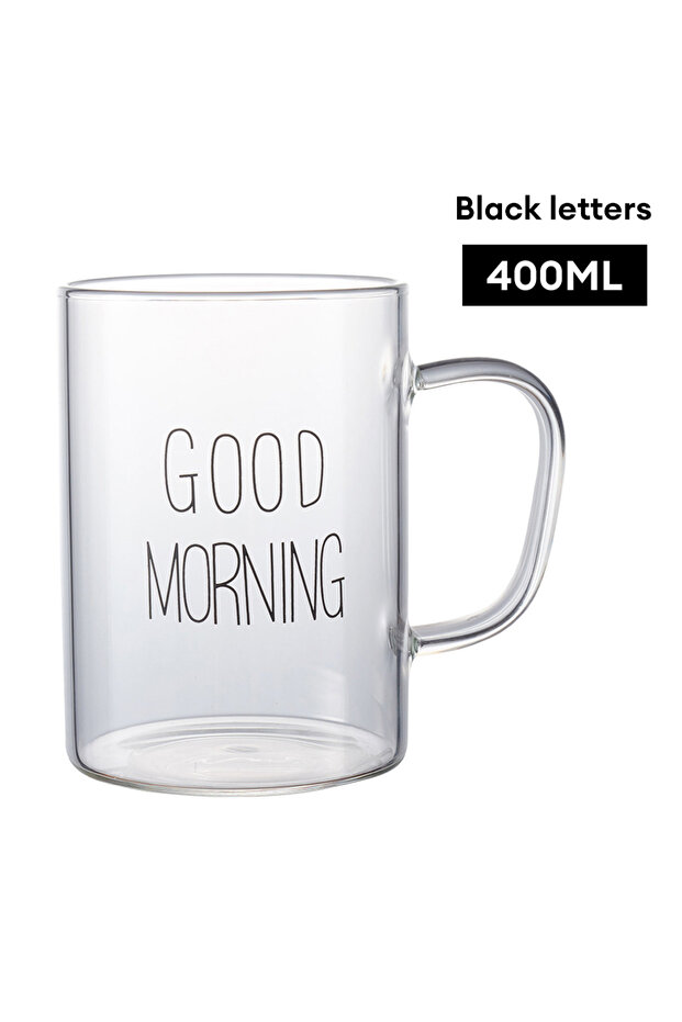 401-500ml Black letters Good Morning Glass Mug Coffee Milk Breakfast Cup Tumbler with Handle Transpa