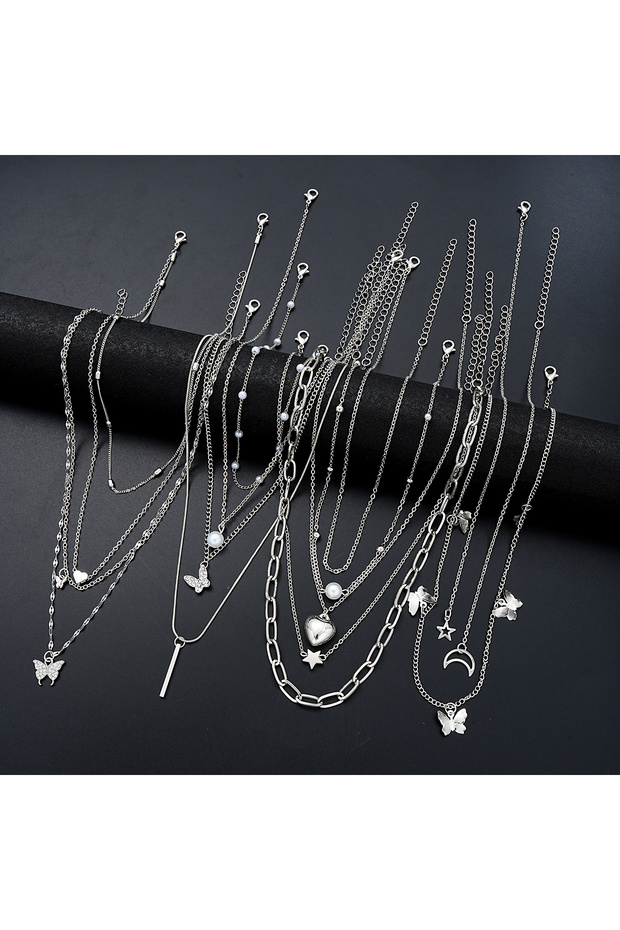 AYASilver 13Pcs/Set Simple Temperament Necklace Set Butterfly Pearl Heart Star Zircon Silver Color N
