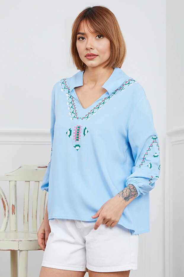 Nakışlı Bluz | Mavi - 1