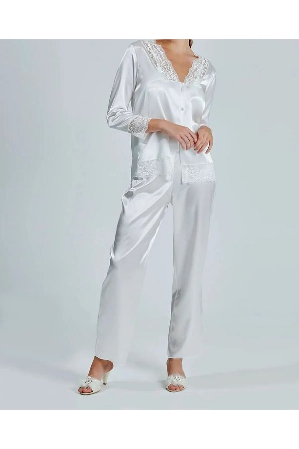Kadın Ekru Saten Çeyiz Seti 6 Parça Sabahlık Gecelik Pijama Şortlu Takım .R.O.Z.2.0.A.L.S.E.L.T - 4