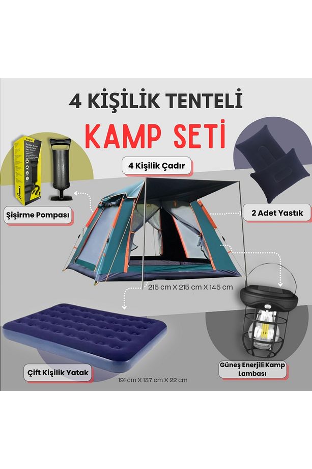 4 Kişilik Tam Otomatik Tenteli Kamp Çadırı + Çift Kişilik Şişme Yatak Seti + Lamba (Kamp Seti) - 1