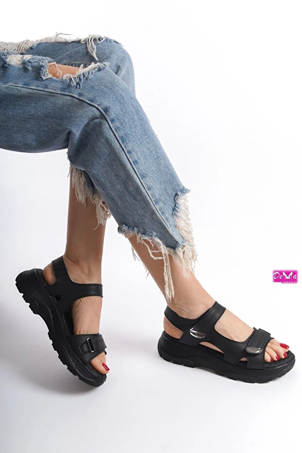 Black Flat Sole Velcro Orthopedic Daily Sandals