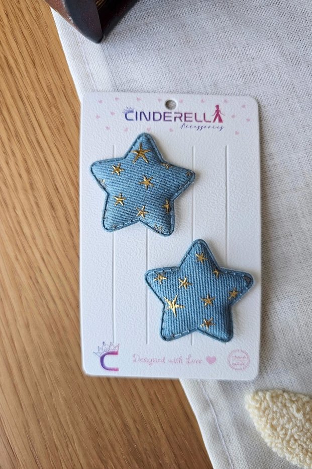 2-Piece Blue Gold Fabric Starry Hairless Baby Clips - Newborn Clip Set for Girls with Less Hair