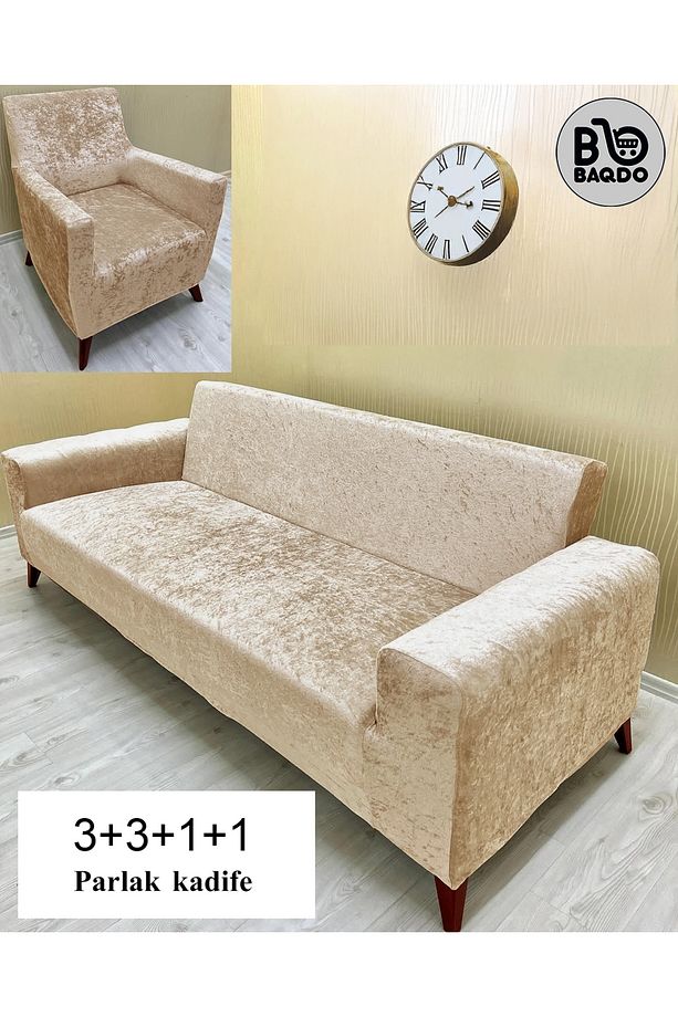 Kadife 3 3 1 1 Antrasit Lastikli Kanepe Örtüsü | Lastikli Koltuk Örtüsü | Koltuk Kılıfı - 1