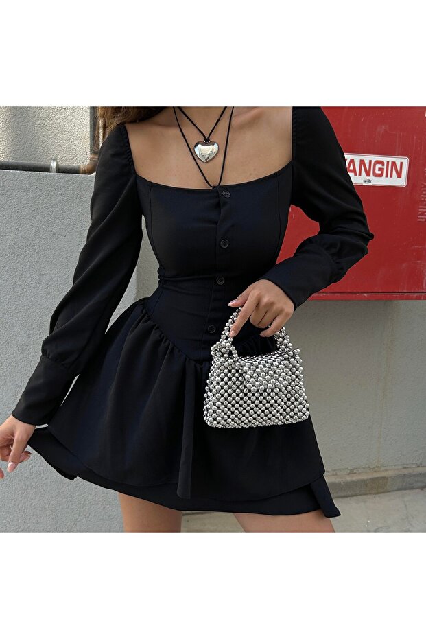 Gothic Harajuku Black Lace up Button Long Sleeve Mini Dress