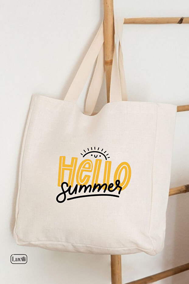 Hello Summer - حقيبة قماش مطبوعة مع منفاخ وجيب داخلي