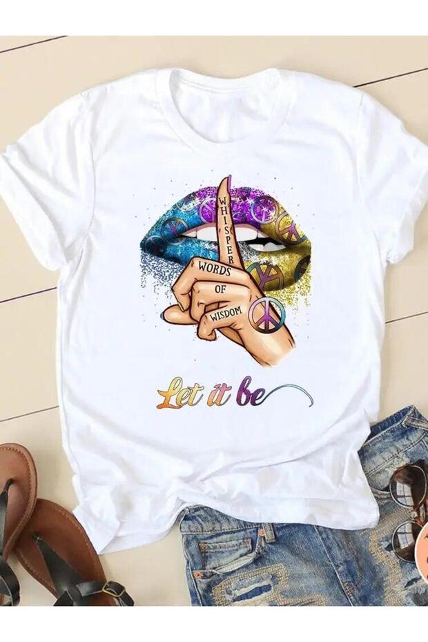 Women's Printed Detail Oversize Bol Cut T-Shirt with Cycling Neck