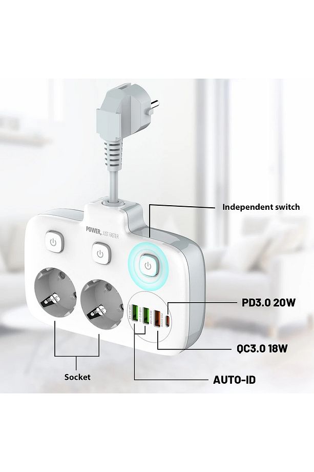 USB'li 3'lü Priz | 20W Hızlı Şarj | 1 Type-C + 3 USB | PD & QC 3.0 | Çoklu Priz & Uzatma Kablosu - 7