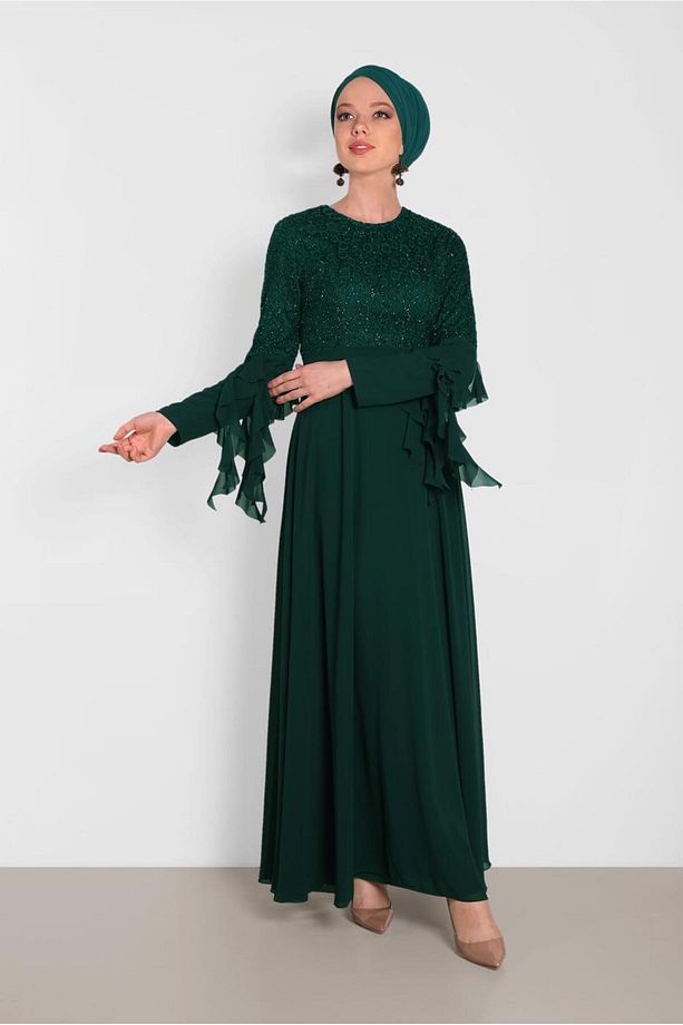 KOLARI ŞİFON DETAYLI  SİMLİ DANTEL ELBİSE 4224 - 3