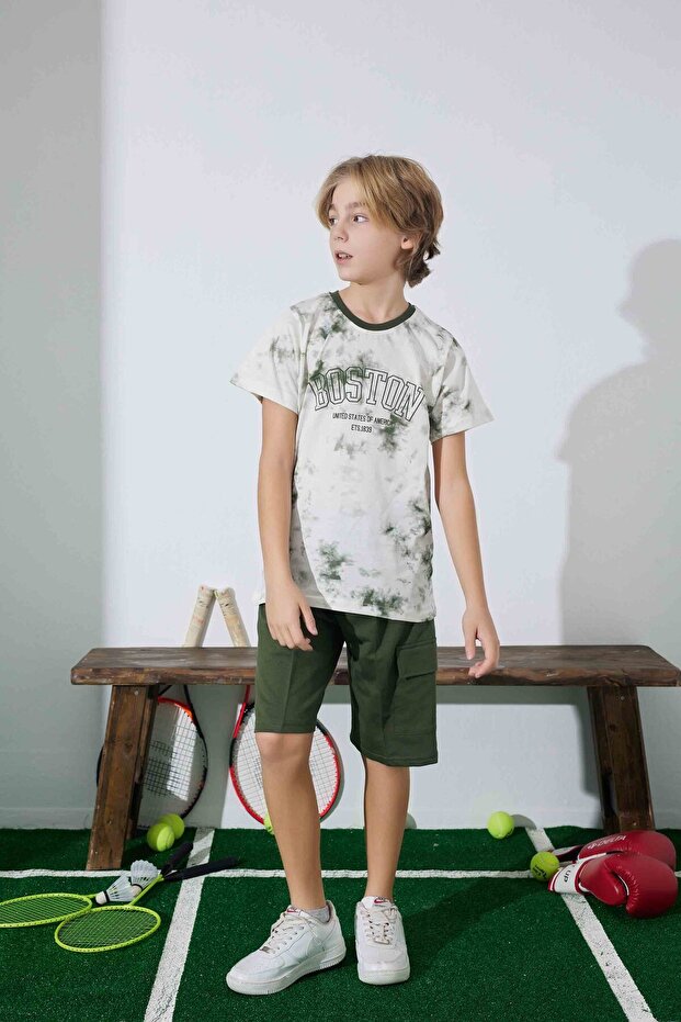 Boy's 100% Cotton Combed Single Jersey Ecru Khaki Boston Printed Short Sleeve Pocket Shorts Suit