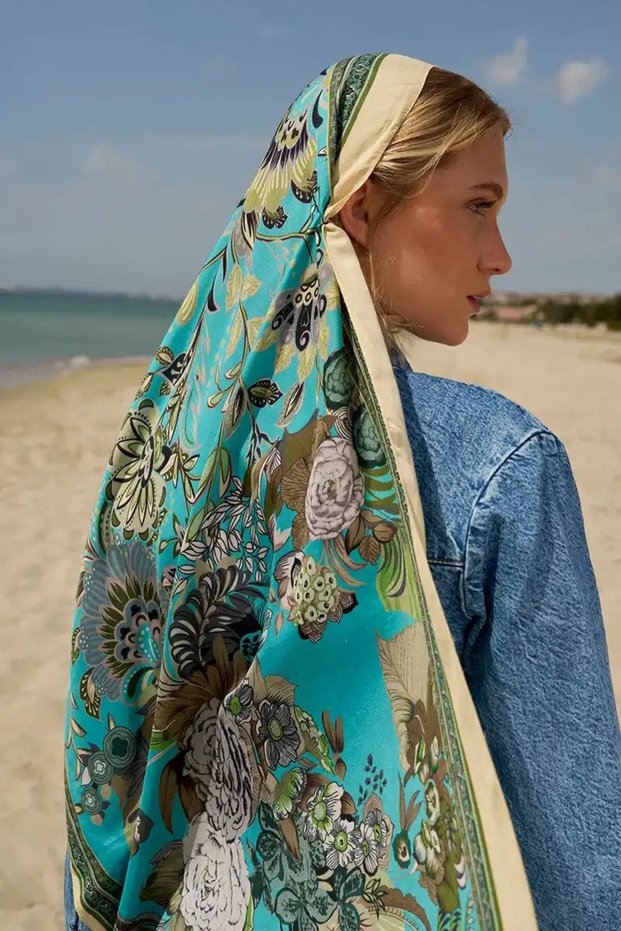 Petrol Color Painting Patterned Cotton Silk Shawl