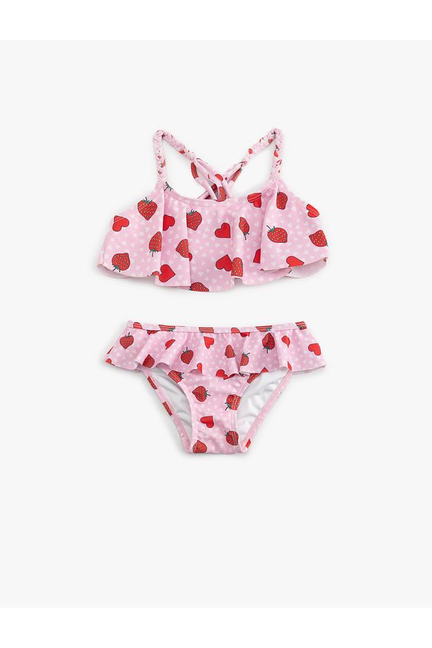 Kalp ve Çilek Desenli Fırfırlı Bikini Seti - 1