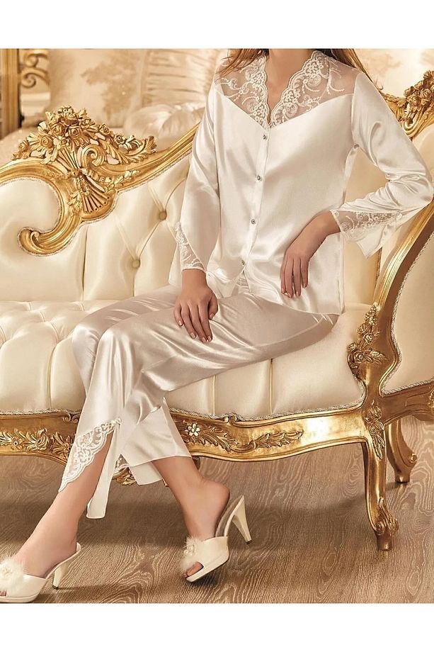 Kadın Ekru Sabahlıklı Şortlu Pijama 6'lı Saten Çeyiz Seti  N.UR.6.6.R.O.9.2.Z.E.L.T. - 4